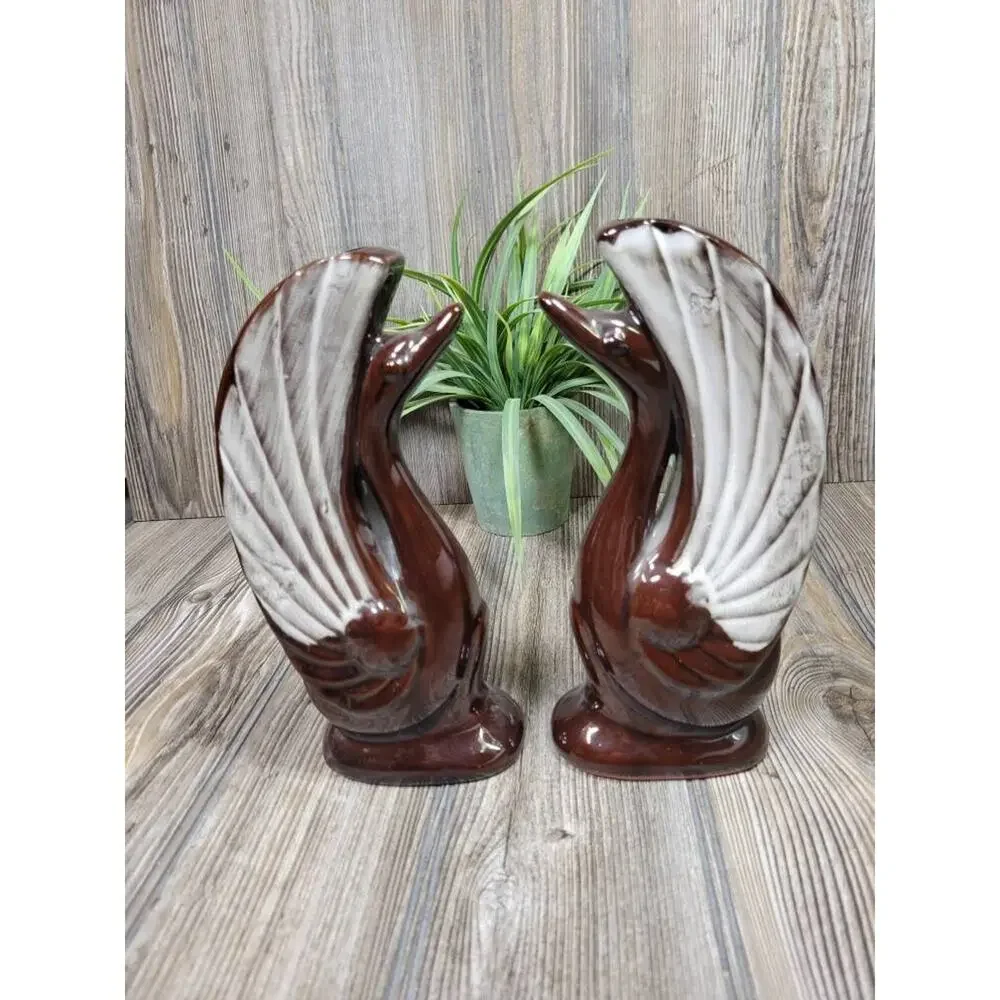 Vintage MCM Brown Drip Redware Swan Vases Art Deco Pottery Figurines Set 8-1/4" - Picture 5 of 5